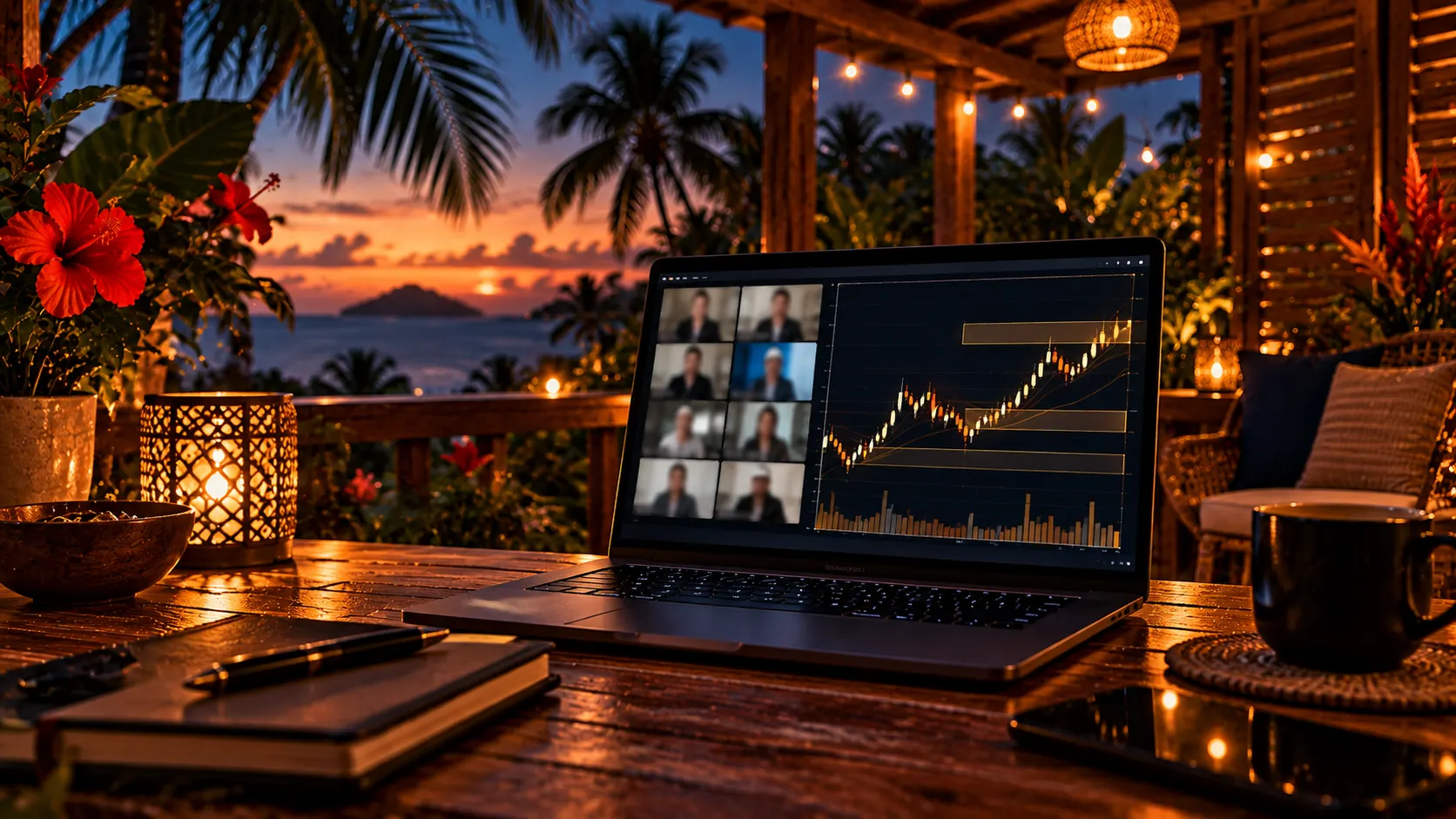 Ordinateur portable affichant un appel vidéo de groupe à côté d'un graphique, sur une terrasse tropicale illuminée le soir