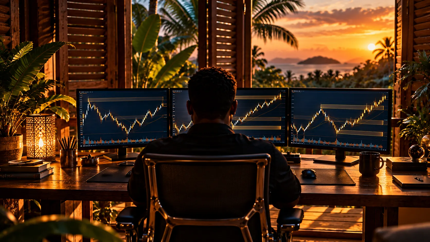 Trader de dos face à trois écrans de graphiques, devant les palmiers et la mer au coucher du soleil