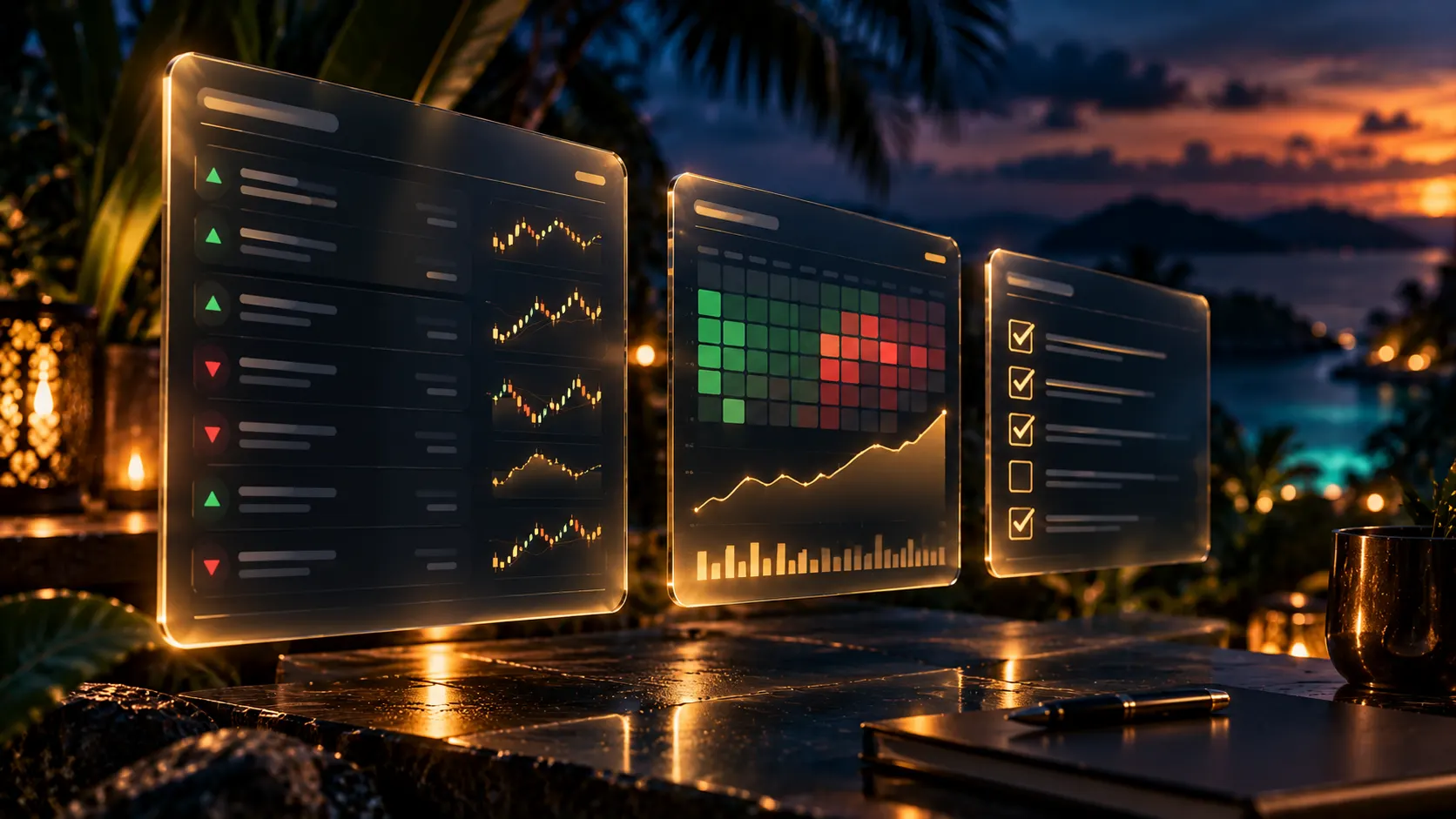 Illustration : panneaux lumineux de statistiques, de suivi et de check-list de trading sur une terrasse face au lagon, à la tombée de la nuit